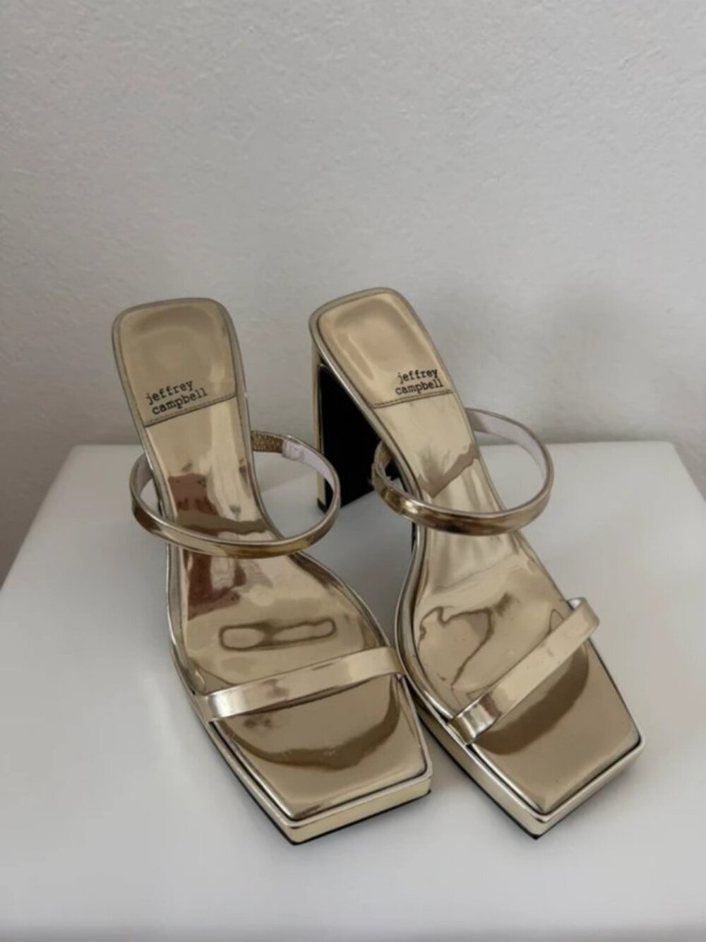 Jeffrey Campbell Metallic Gold Square-Toe High Heel Slides - Picture 1 of 4